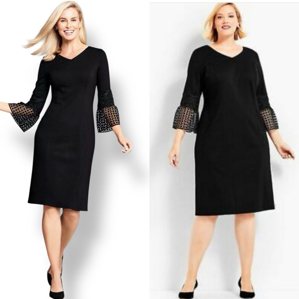 Talbots Black Ponte Sheath Dress 12P Lace Bell Sleeve Crochet Flounce Stretch